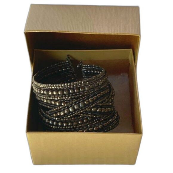CLEOPATRA Vintage Copper Layered Beaded Braided Blingy Stretch Cuff Bracelet - Picture 2 of 12